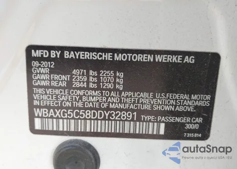 2013 BMW 528I из США, поврежденный, VIN WBAXG5C58DDY32891